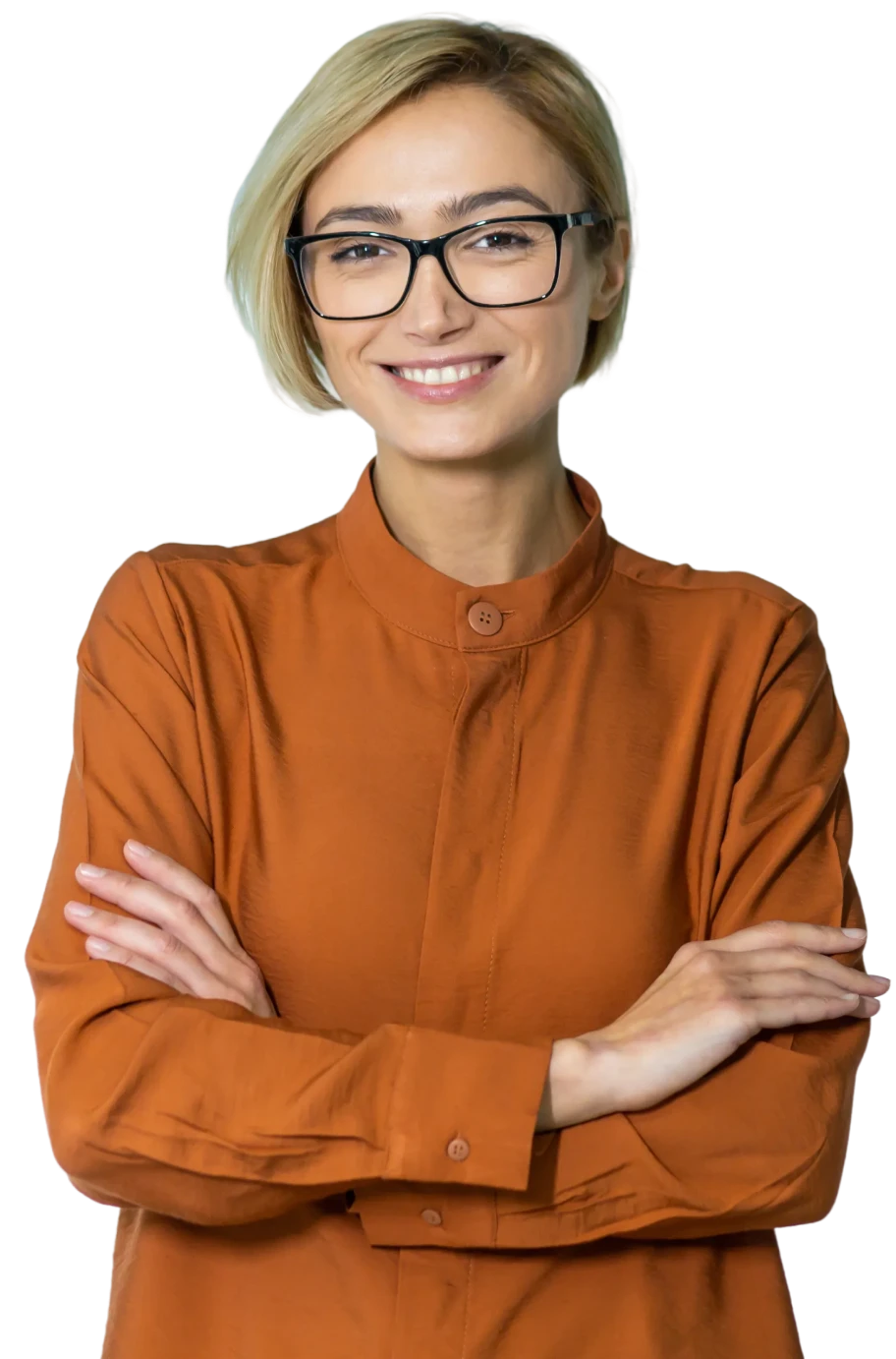 Confident woman wearing glasses, smiling
